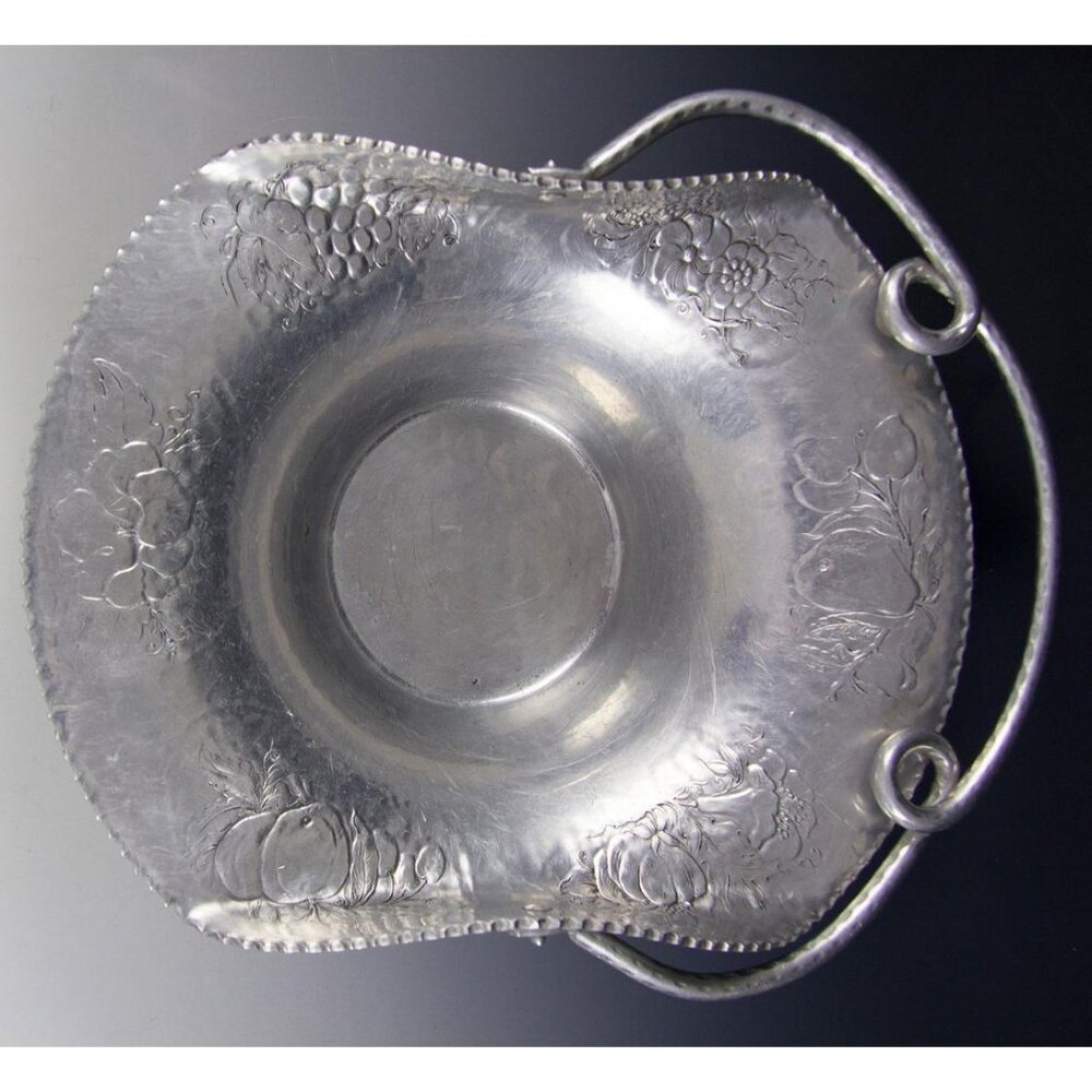Vintage Hand Hammered Wrought Aluminum Fruit Flower Motif Basket - Picture 5 of 10